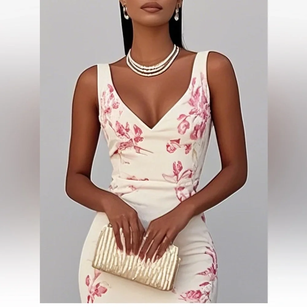 FEHAUTE Pink Floral Mermaid Skirt V Neck Sleeveless Mermaid Midi Dress Size 4 - Picture 2 of 11